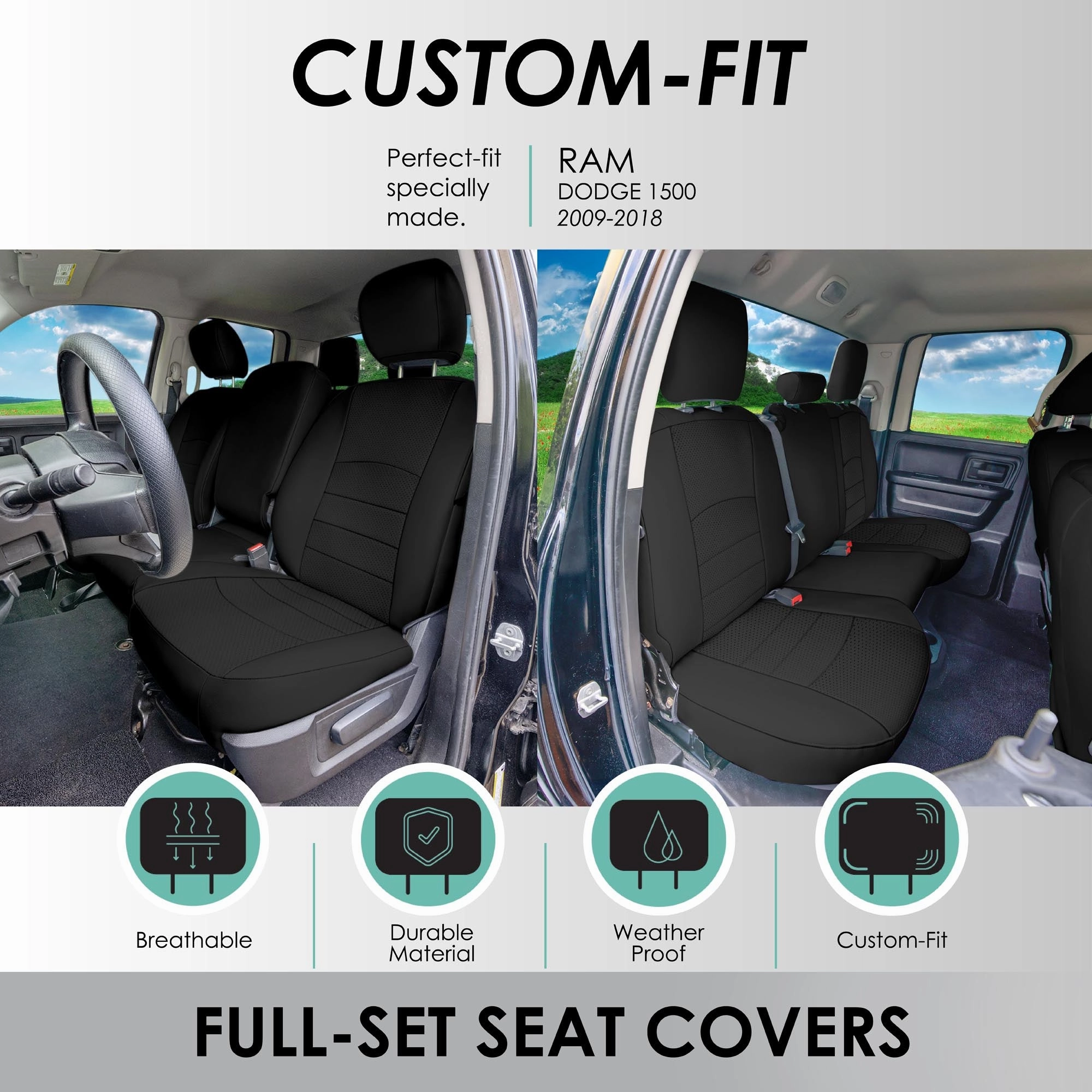 Dodge Ram 1500 2011-2018 & Ram 1500 Classic 2019-2025 Quad Cab - Full Set Seat Covers - Black Faux Leather