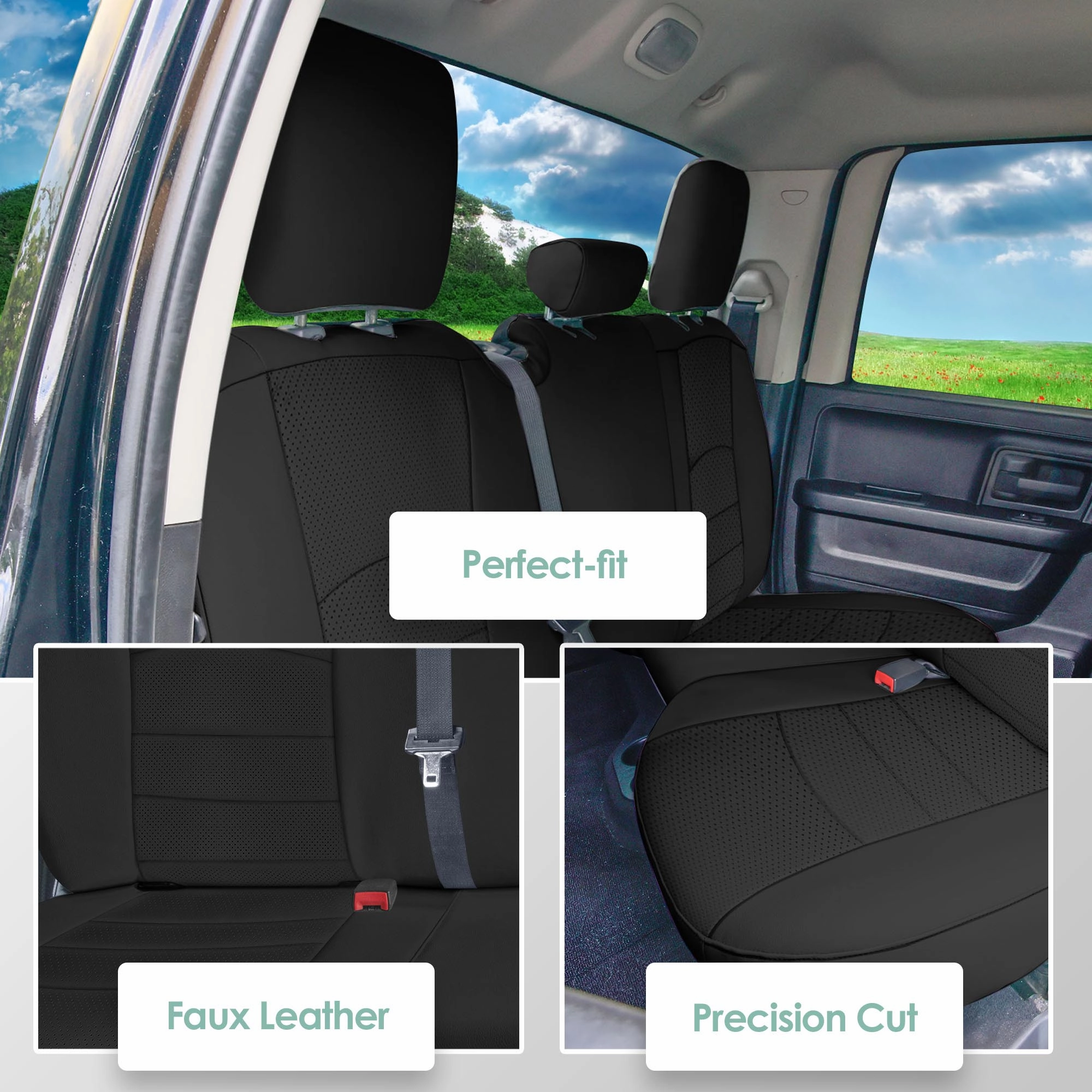 Dodge Ram 1500 2011-2018 & Ram 1500 Classic 2019-2025 Quad Cab - Rear Set Seat Covers - Black Faux Leather