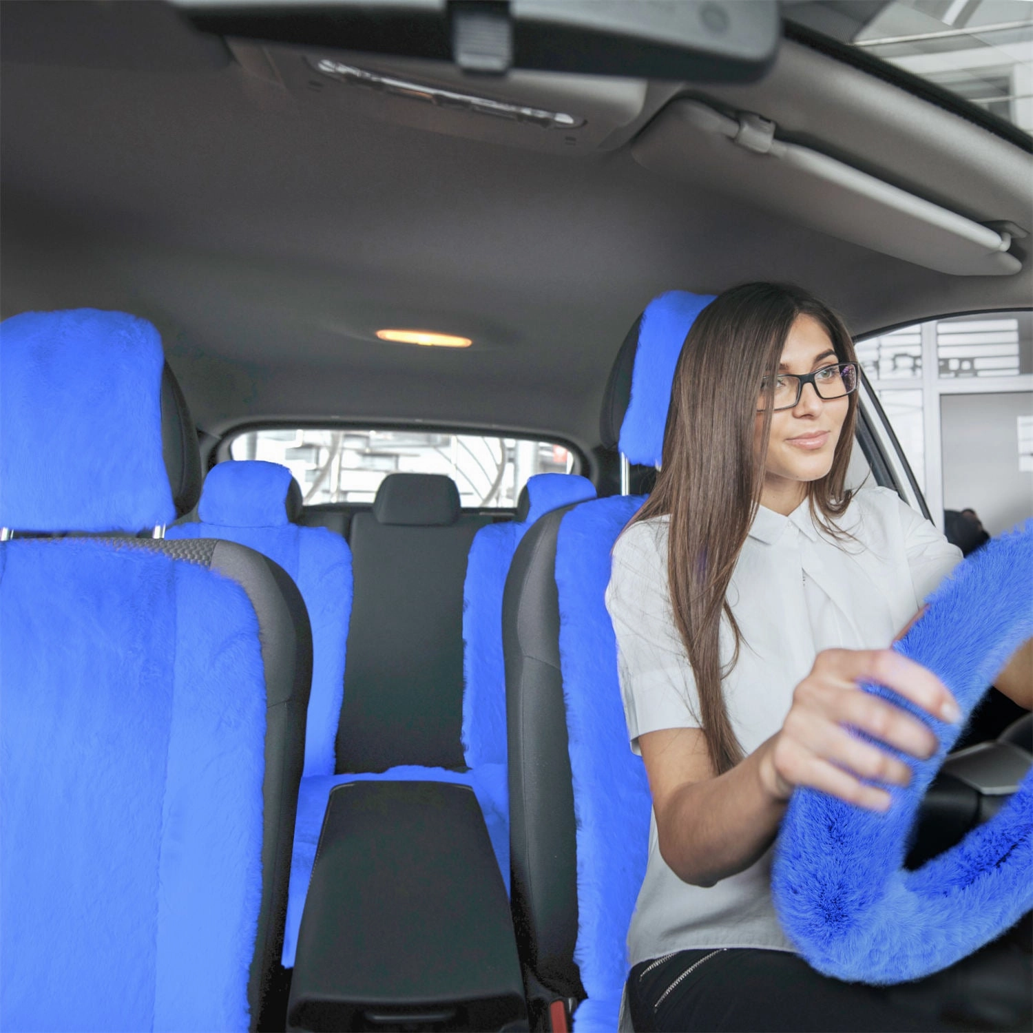 Doe16 Faux Rabbit Fur Car Seat Cushions - Front Set Blue