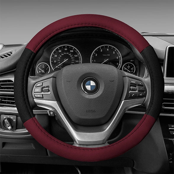 Modernistic Steering Wheel Cover and Seat Belt Pads Burgundy