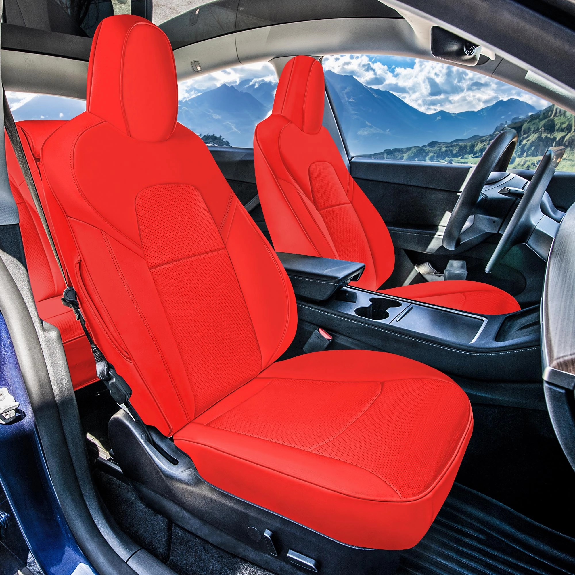 Tesla Model Y 2020 - 2024 - Front Set Seat Covers - Solid Red Faux Leather