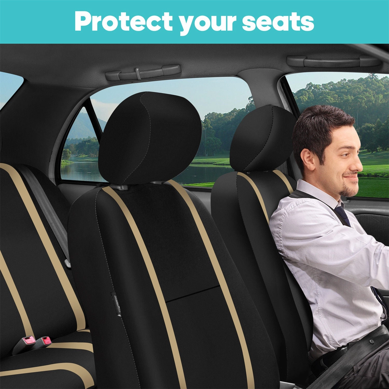 Unique Flat Cloth Seat Covers - Front Set Beige