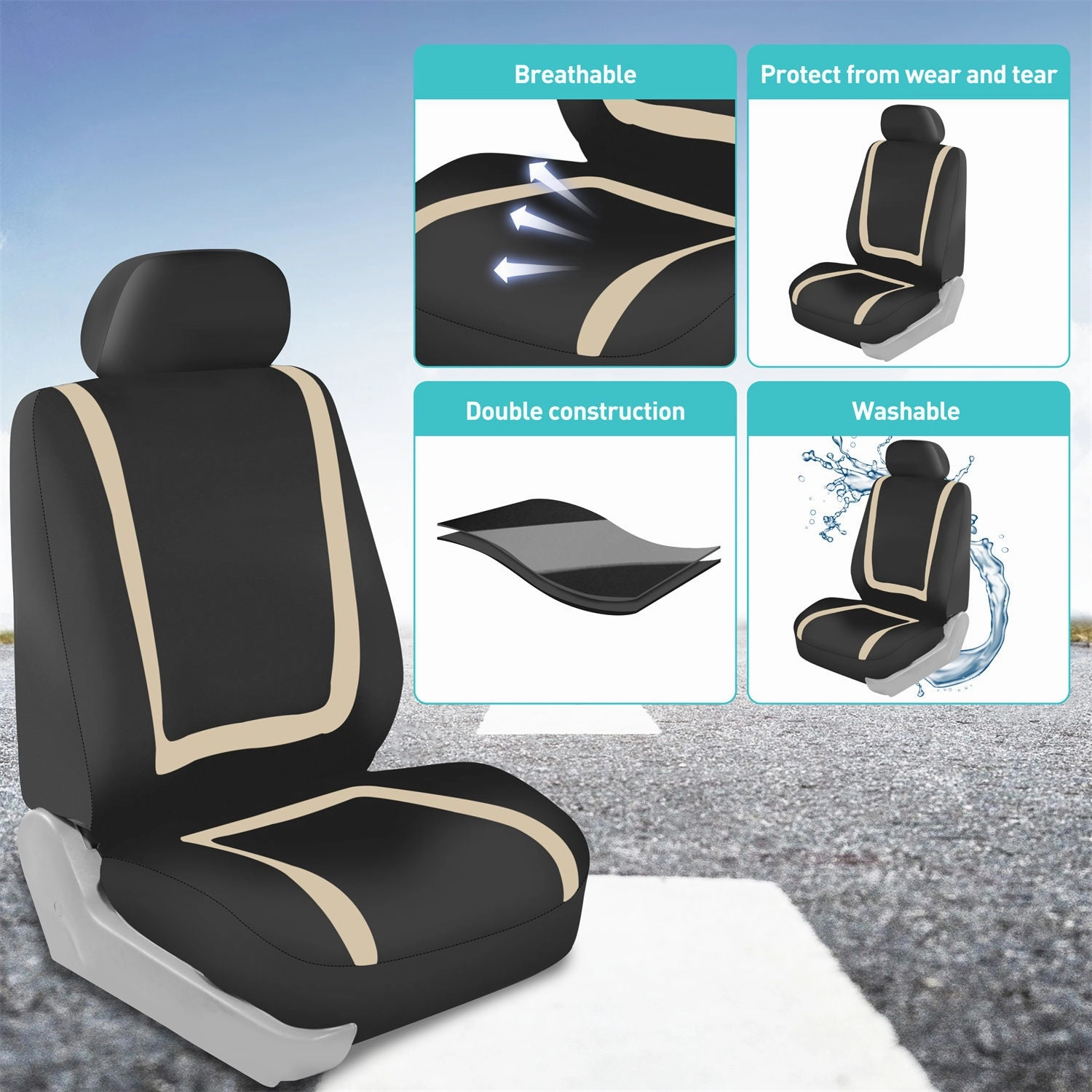 Unique Flat Cloth Seat Covers - Front Set Beige