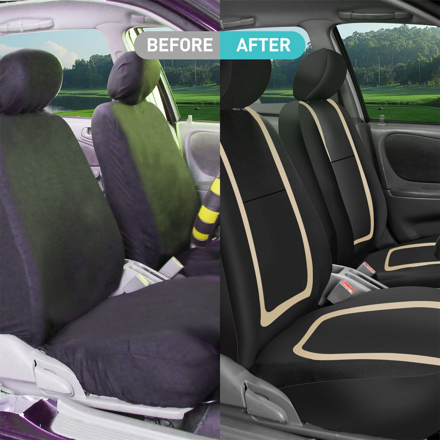 Unique Flat Cloth Seat Covers - Front Set Beige