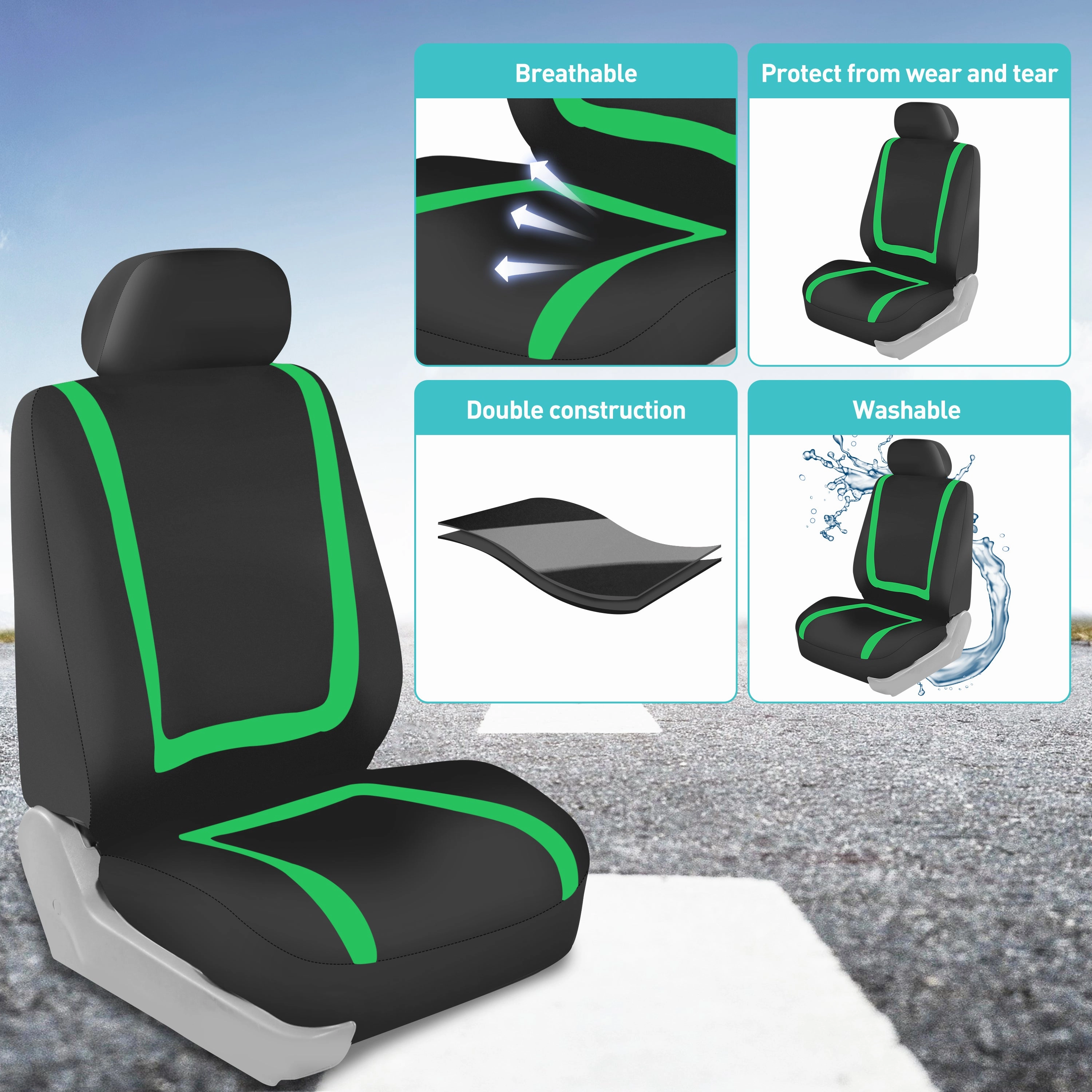 Unique Flat Cloth Seat Covers - Front Set Green