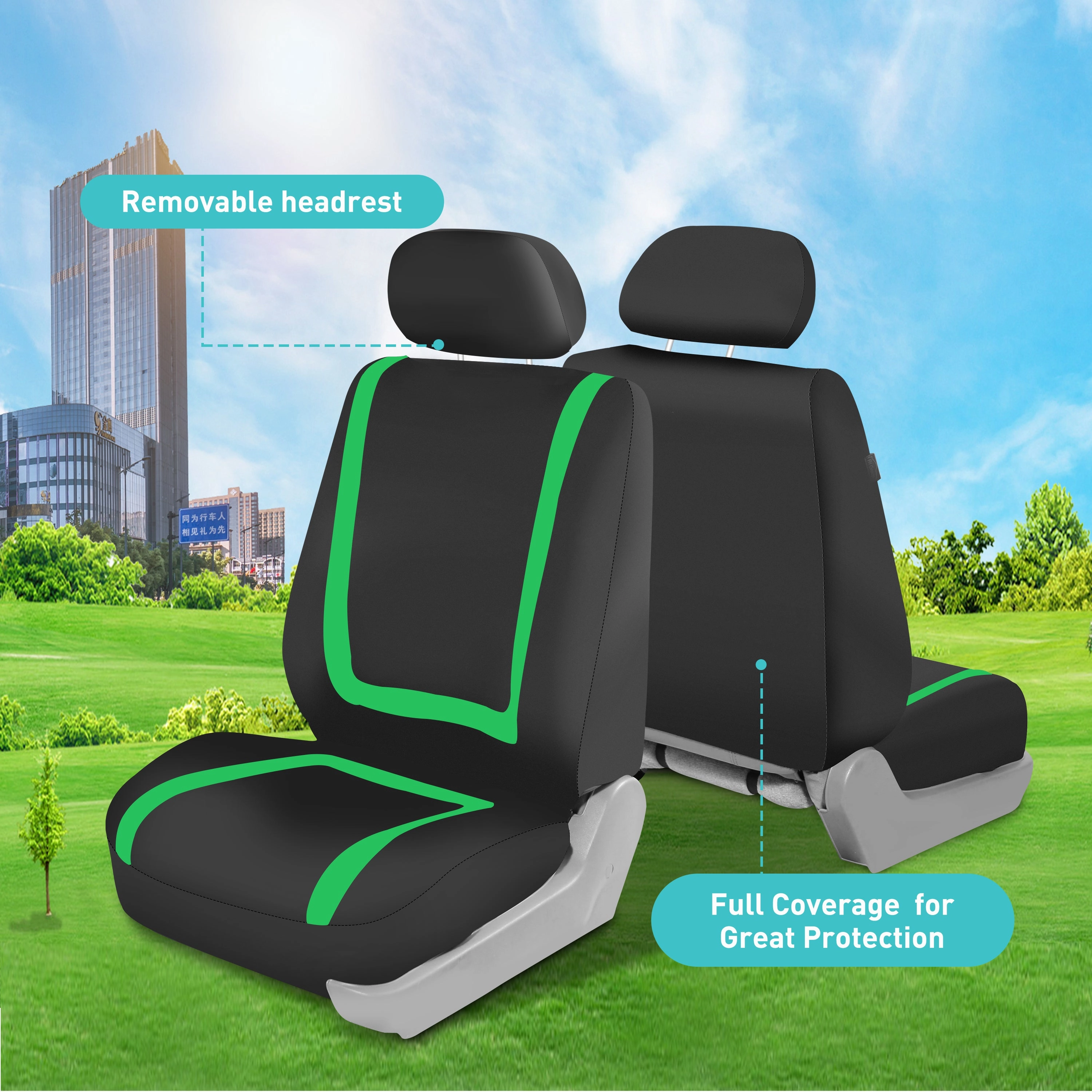 Unique Flat Cloth Seat Covers - Front Set Green